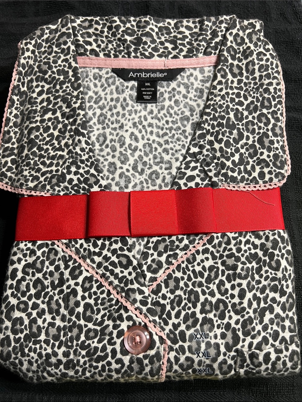 Ambrielle Black and White Leopard Print Pajama Set with Red Ribbon